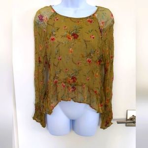 Zara Woman Olive Green rose print sheer sleeve and back blouse size M